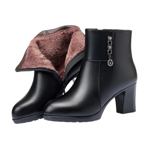 Women's Fall/Winter Wool Lined Ankle Boots with Medium Heel and Soft Sole Soft Leather Shoes