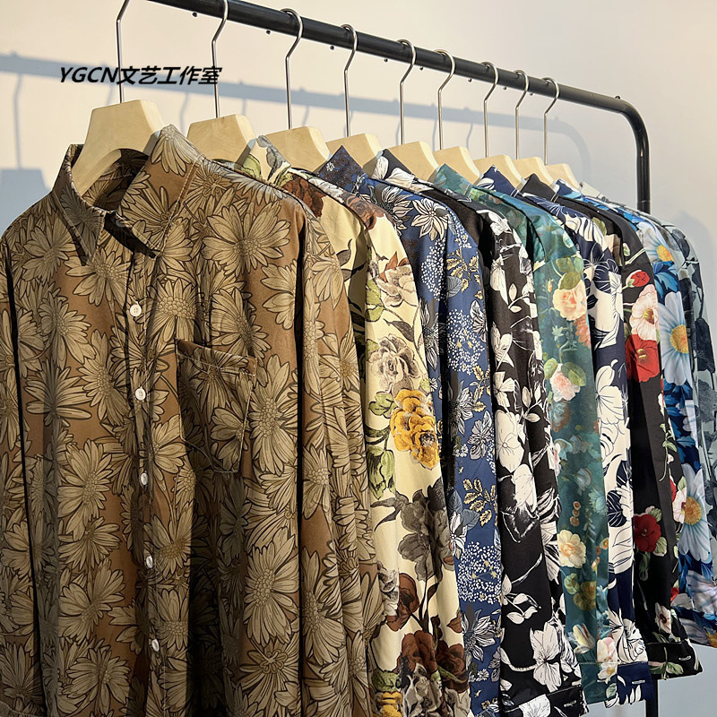 Hong Kong Style vintage Oil Painting Long-sleeved Shirt Men's All-match Fashionable Flower Shirt Hong Kong Style Couple's Nice and Handsome Coat