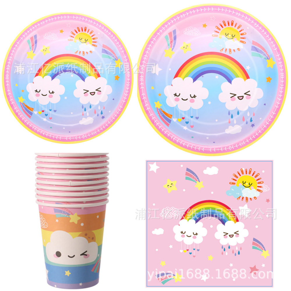 Arco iris rosa temático fiesta suministros set dibujos animados vasos de papel desechables bandejas de papel toallas cubiertos al por mayor