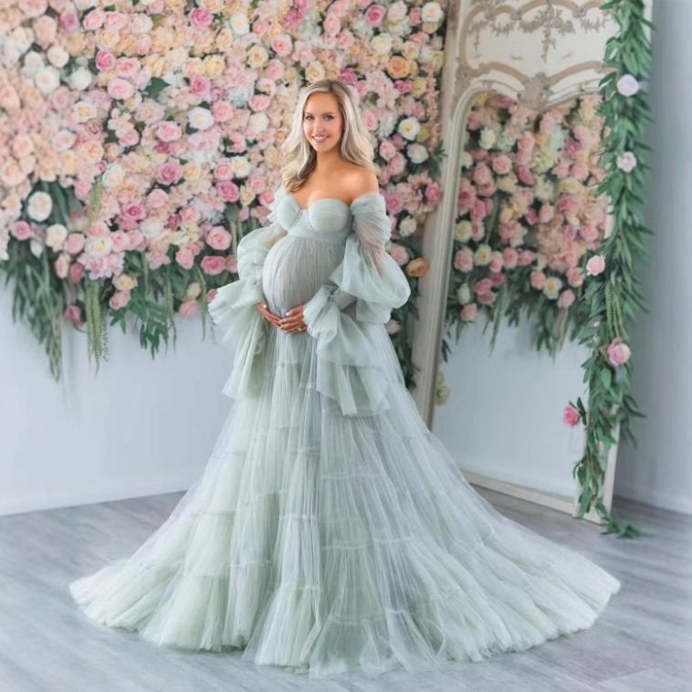 Tube Top Evening Dress for Pregnant Women for Photo Shoots, Long-Sleeved Ruffled See-Through Robe, Performance Dress, Maternity Photo Dress