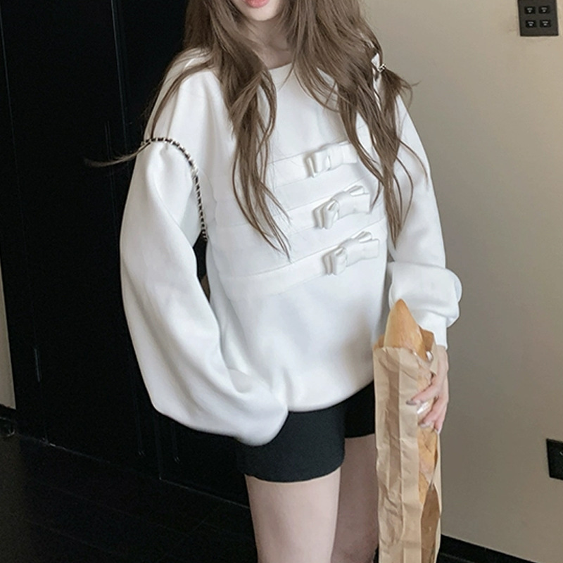 蝴蝶结圆领长袖白色卫衣女2025新款巨好看的无帽短款上衣慵懒风潮|undefined