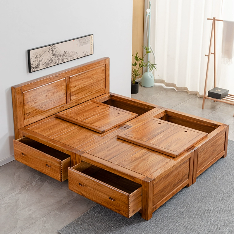 Двуспальная кровать из массива старого вяза с татами, соединением «паз-гребень», выдвижным ящиком и высоким ящиком для хранения, полностью из массива дерева.