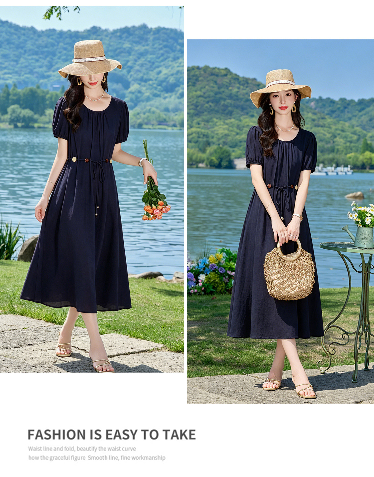 Đầm suông midi cổ V eo thắt dây dáng chữ A tay ngắn — Xanh lông mòng đen, màu trắng, màu vàng chi tiết 16
