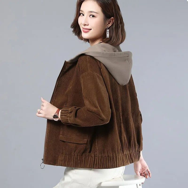Corduroy Short Versatile Hooded Loose Jacket for Women 2025 Spring and Autumn New Korean Style Plus Size Women's Jacket Top