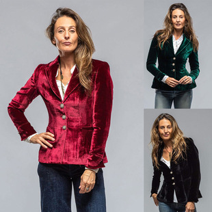 Cross-border All-match Elegant Golden Velvet Small Suit Women's Jacket European and American Retro New Pocket Long Sleeve Outer Wear Top