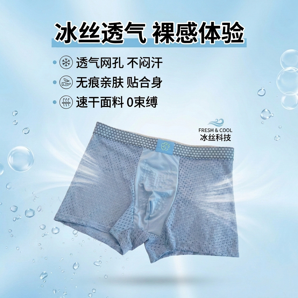 Men's Underwear, Ice Silk Mesh, Comfortable, Breathable, Dry, Boxer Briefs, Large Size, Elastic, Magnetic Massage