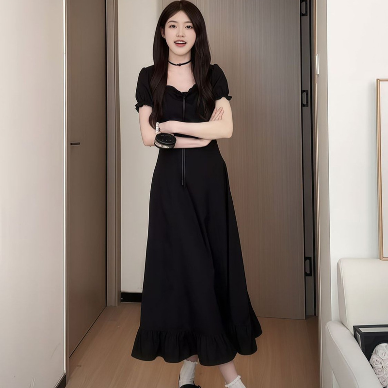 大码设计感时尚连衣裙三穿抽绳中裙女夏季收腰方口领绝美a字长裙|undefined