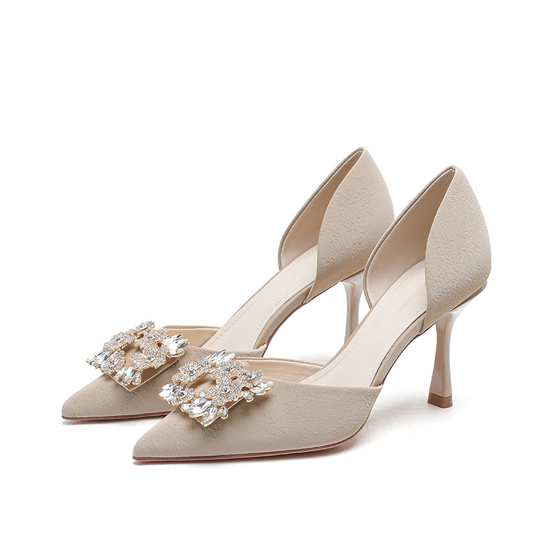 Two Wear Wedding Shoes Spring New Pointed Single Shoes Women's Thin Heel Crystal Square Buckle Hollow High Heel Bridesmaid Shoes_voghion.com