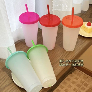 定制PP感温塑料变色杯跨境简约单层吸管杯大容量冷水饮料奶茶杯