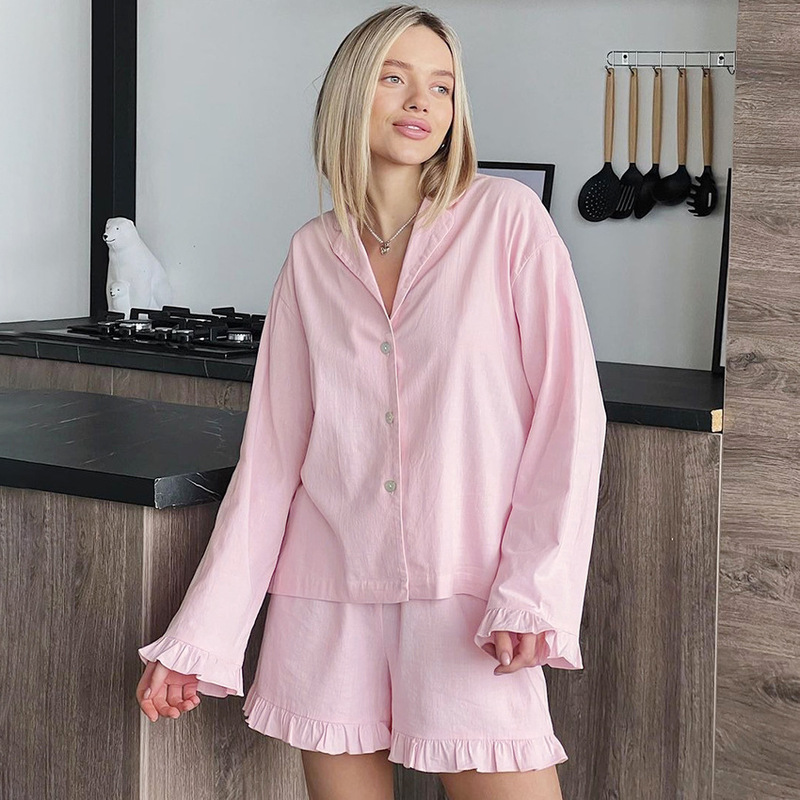 European and American Cross-Border Spring and Summer New Fashion Cute Pink Long-Sleeved Shorts Ruffled Pajamas Two-Piece Set Wholesale Home Furnishing