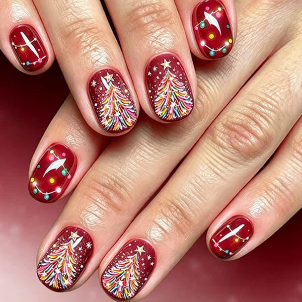 Short Glossy Square Nails for Christmas, Cross-Border Style, European and American Wine Red Christmas Tree Lights Fake Nails, 24 Pieces
