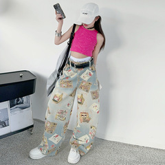 潮中大童多巴胺新款粉色牛仔闊腿褲美式2024薄款復古女童印花背心