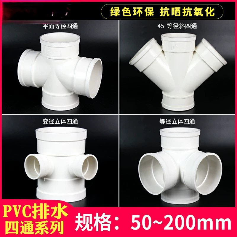 Фитинги для дренажных труб из ПВХ: наклонный четырехходовой фитинг, трехмерный четырехходовой фитинг, плоский четырехходовой фитинг, угловой редукционный четырехходовой фитинг, вертикальный коррозионностойкий редукционный фитинг.