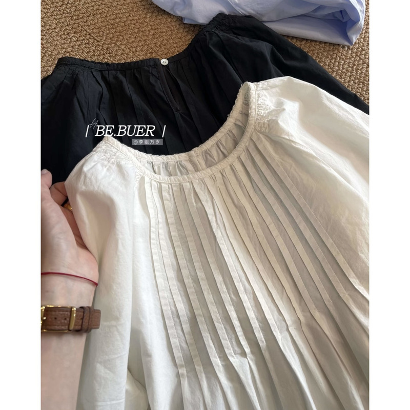 Exquisite Pleated Doll Shirt with Accordion Pleats, Cotton, Loose Fit, Slimming, Three-Quarter Sleeves, Gentle Style, Versatile for Spring and Summer, Suitable for Commuting