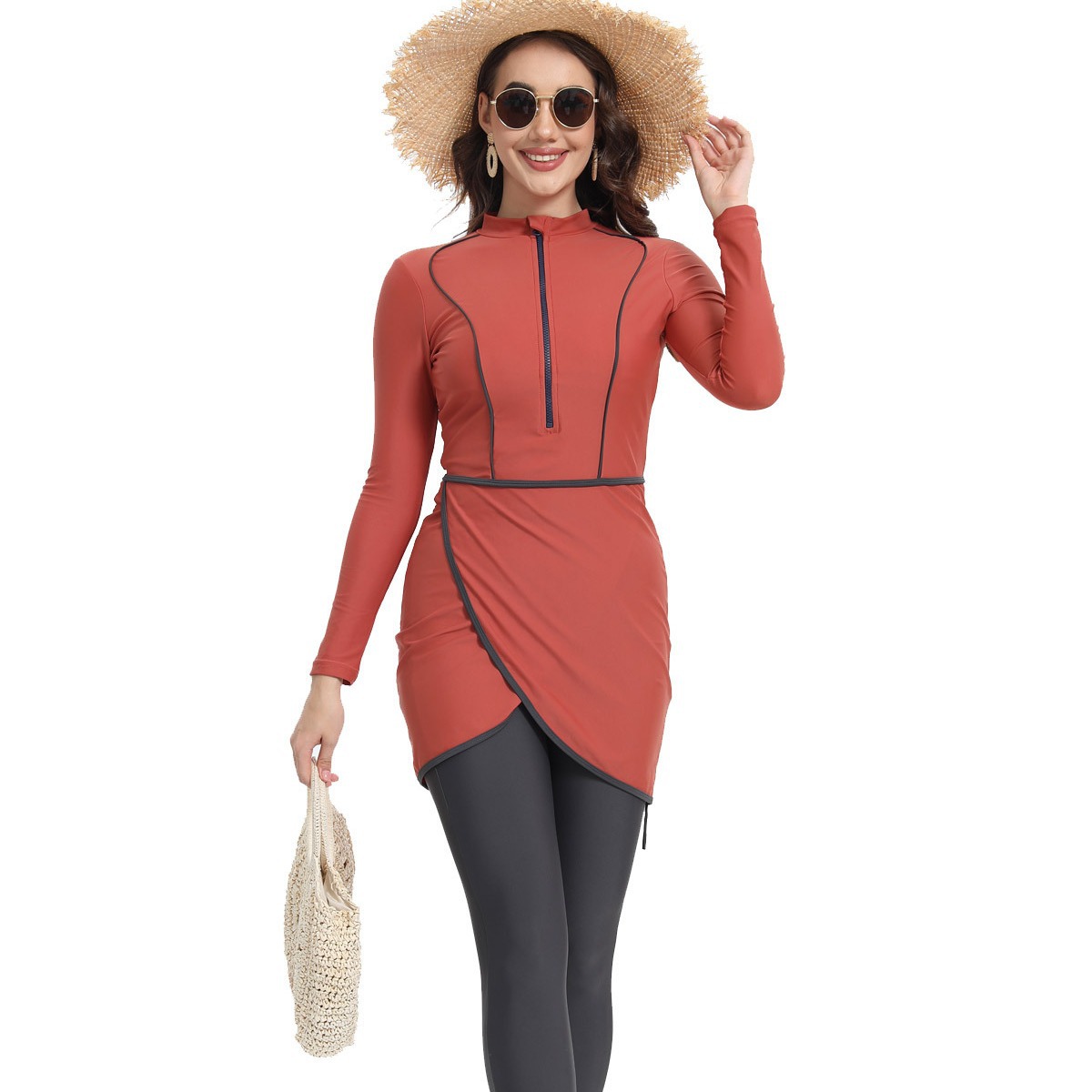 Amazon 2024 New Zipper Muslim Swimsuit Long Sleeve Long Pants Set Conservative Sun Protection with Bra Pads