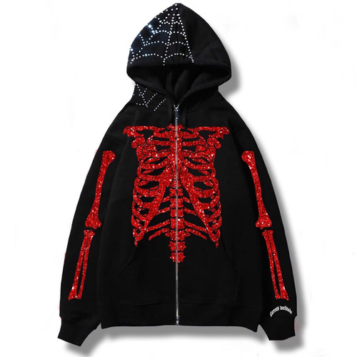 Punk Dark Y2K Print Skeleton Spiderweb Hooded Sweatshirt Design-Oriented Niche Streetwear Brand