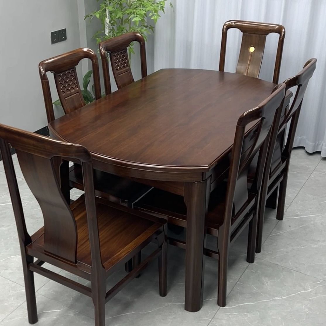 Ebony Solid Wood Dining Table and Chair Combination Square and Round Chinese Folding Home Retractable Dining Table