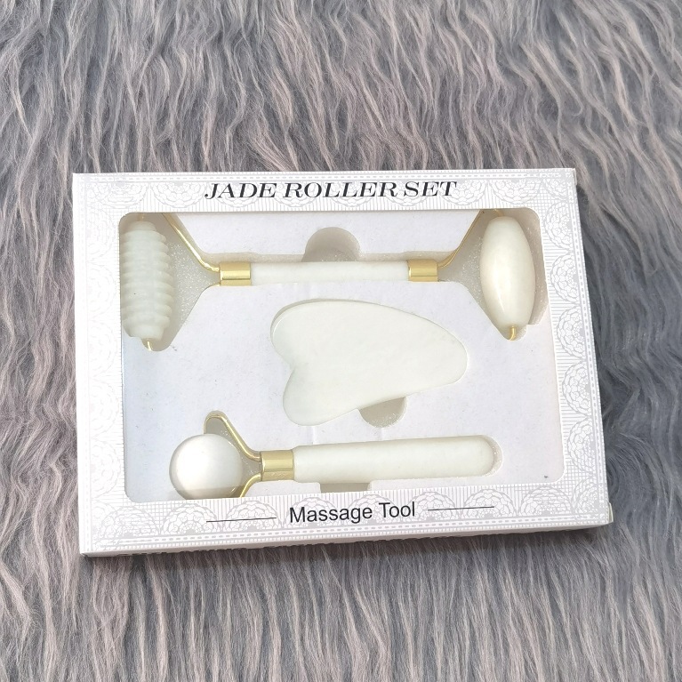 Contenedor de belleza de jade natural, rodillo de jade de doble cabezal, conjunto completo facial, contenedor de belleza de masaje, comercio exterior, jade al por mayor