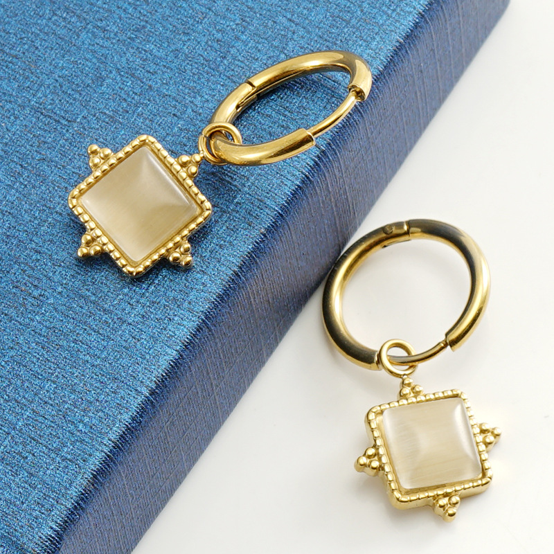 Cat's Eye Stone Inlay Material Drop Earrings Classification 1 Pair Quantity 1 Pair Simple Style Square Plating Inlay Stainless Steel Cat's Eye Stone Drop Earrings