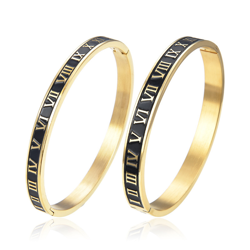 Fashion men's and women's Roman digital stainless steel black epoxy bracelet cross-border European and American popular titanium steel manufacturers supply Fashion men's and women's Roman digital stainless steel black epoxy bracelet cross-border European and American popular titanium steel manufacturers supply