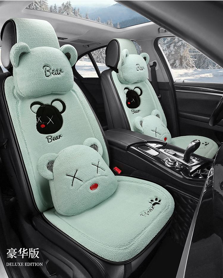 Cross-border winter car plush cushion single-piece rear lambswool cute bear cartoon cushion non-slip three-piece set