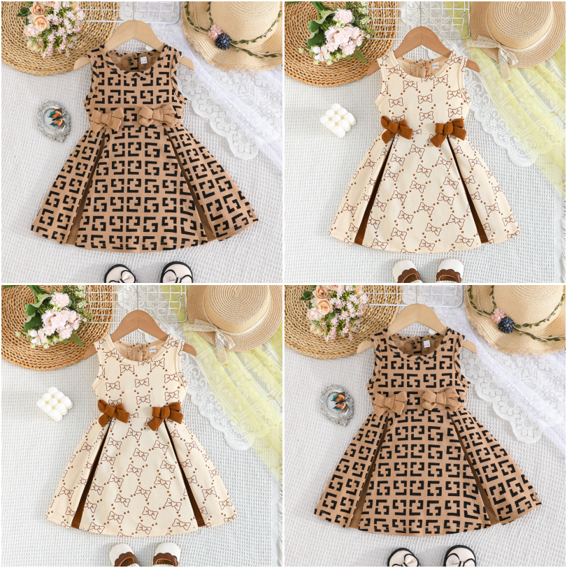 2025 European and American Girls Fashion Geometric Pattern Bow Decorated Sleeveless Dress Factory Direct Sale