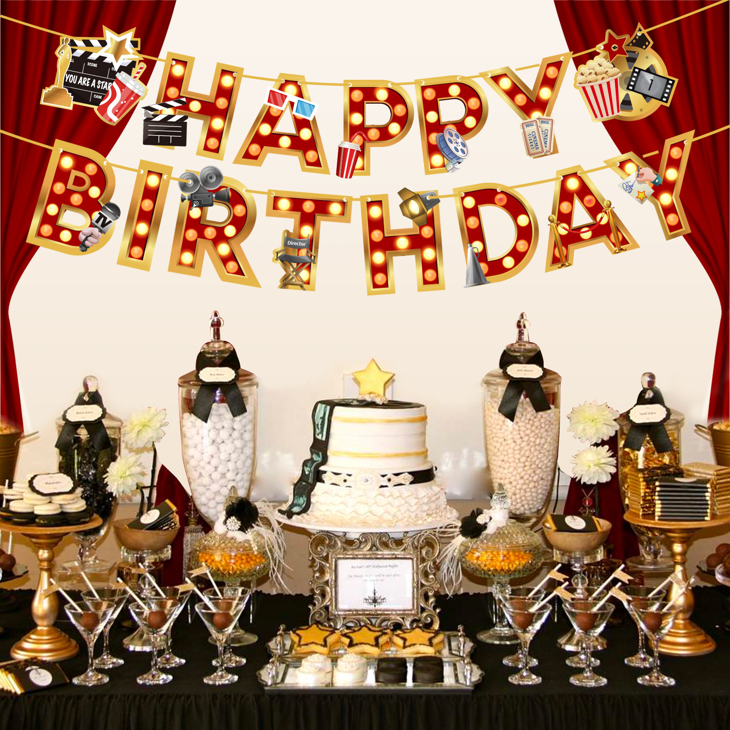 跨境拉条新品好莱坞电影明星烫金生日横幅派对布置生日拉旗