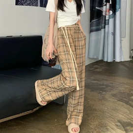 美式复古格子阔腿裤女秋季2025高腰宽松显瘦减龄垂感直筒拖地裤潮