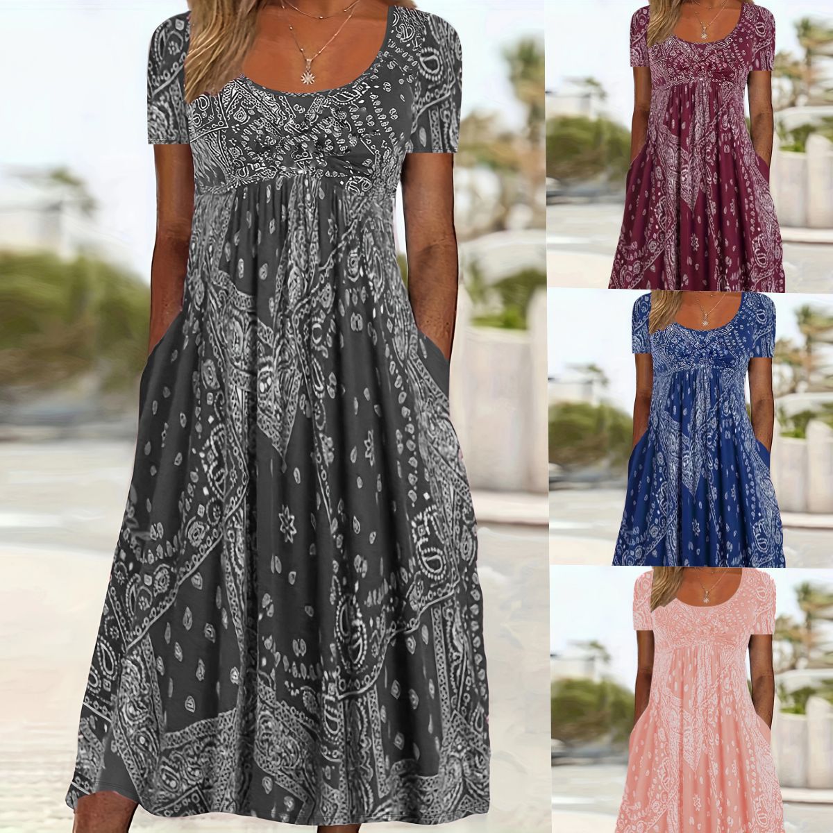 Cross-border European and American Summer New Style Long Dress Mid-waist Short-sleeved Round Neck Retro Printed Comfortable Casual Style Pullover Long Dress
