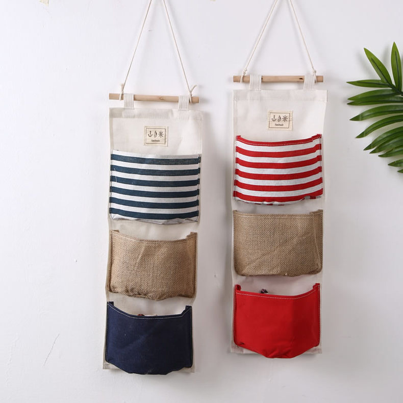 ZAKKA Grocery Three Buckets Combo Hanging Bag Cotton Linen Storage Wall Hanging Bag Home Wall Decor 0634