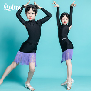 Girls kids black with violet fringed latin dance dresses stage performance latin dance wear for children