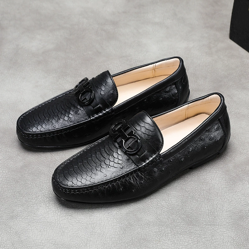 Новые туфли Doo, мужские летние ленивые туфли, верхний слой из воловьей кожи с тиснением из страуса, на мягкой подошве, Мужская модная повседневная кожаная обувь