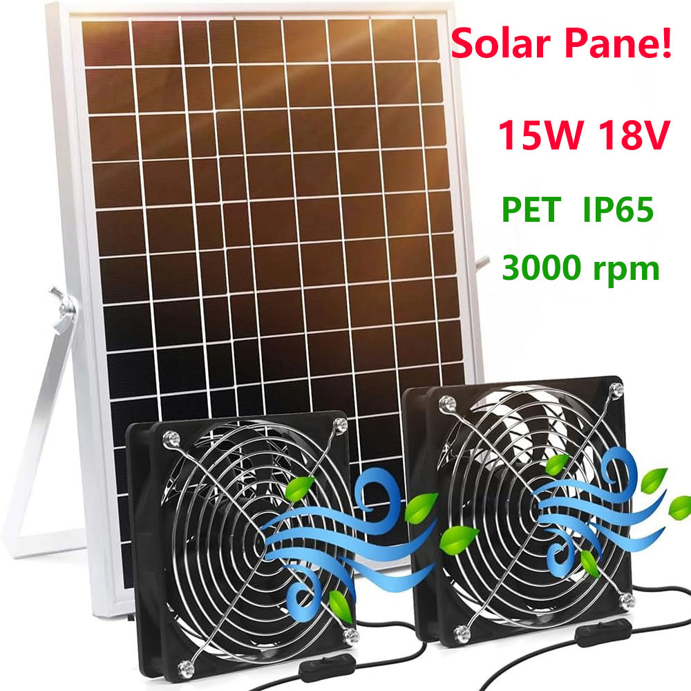 15w18v太阳能板排气扇带开关防水节能高效适用于温室棚屋宠物鸡屋