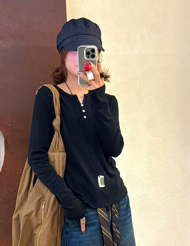 新品设计感小众V领内搭长袖上衣女T恤羊绒打底衫|undefined
