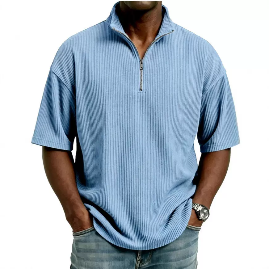 半拉链T恤华夫格短袖POLO衫男夏季宽松休闲纯色上衣男装华夫格
