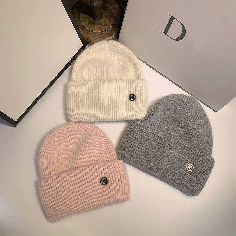 119g Weight Thick Knitted Hat With Rabbit Fur Winter Warmth Ear Protection Wool Lining Large Head Size Wool Hat Basic