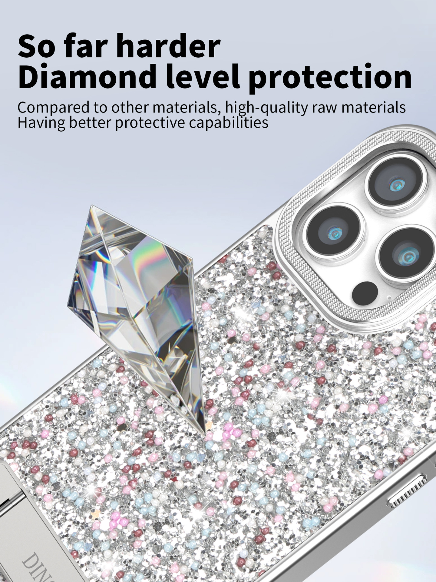 Ốp lưng iPhone đính đá sang trọng, chân đế kim cương, chống sốc viền dày cho 16 Pro Max / 15 / 14 Pro — Trắng đàn piano, Đen kinh điển, Màu vàng đậm chi tiết 10