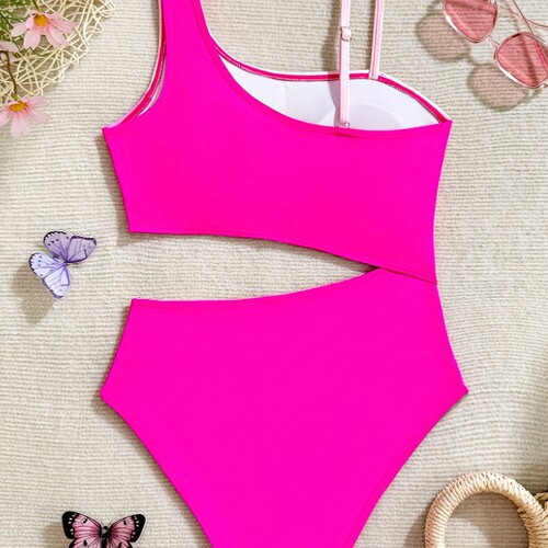 New Amazon girls' flat-bottom swimwear with color-blocked, single-shoulder one-piece swimsuit for ages 6-14