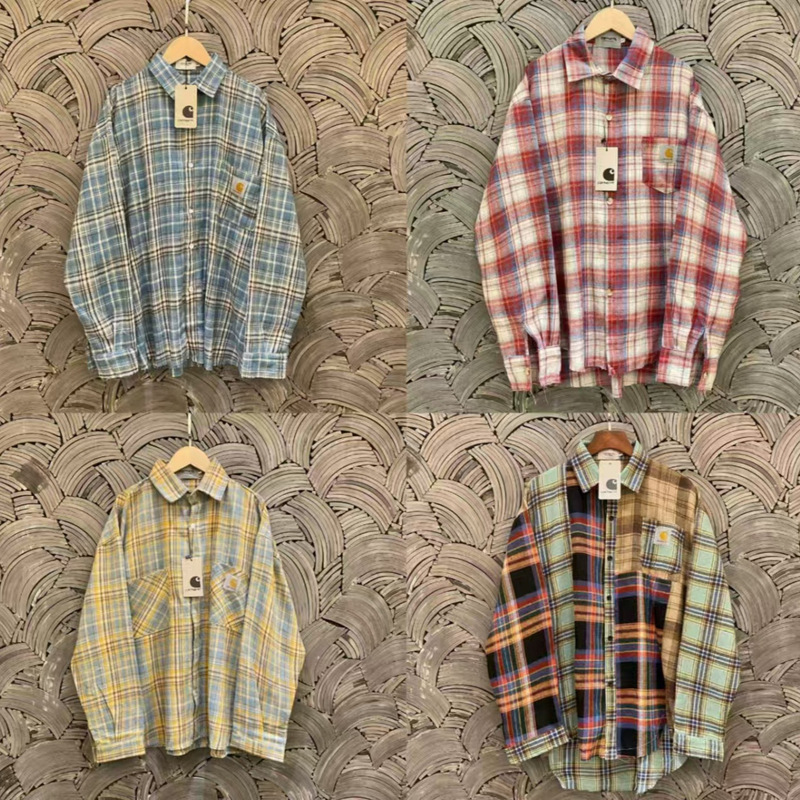 Carhartt High-Quality Custom Plaid Embroidered Plaid Element Stitching Contrasting Edge Shirt Couple Style