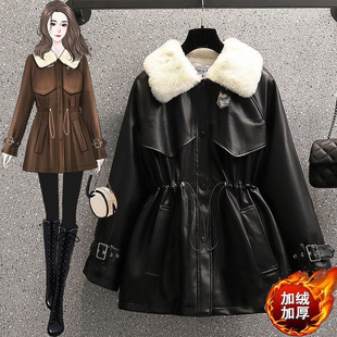 plus size Women's Winter New Fashion Elegant Waisted Fur One Motorcycle fleece-lined Leather Jacket