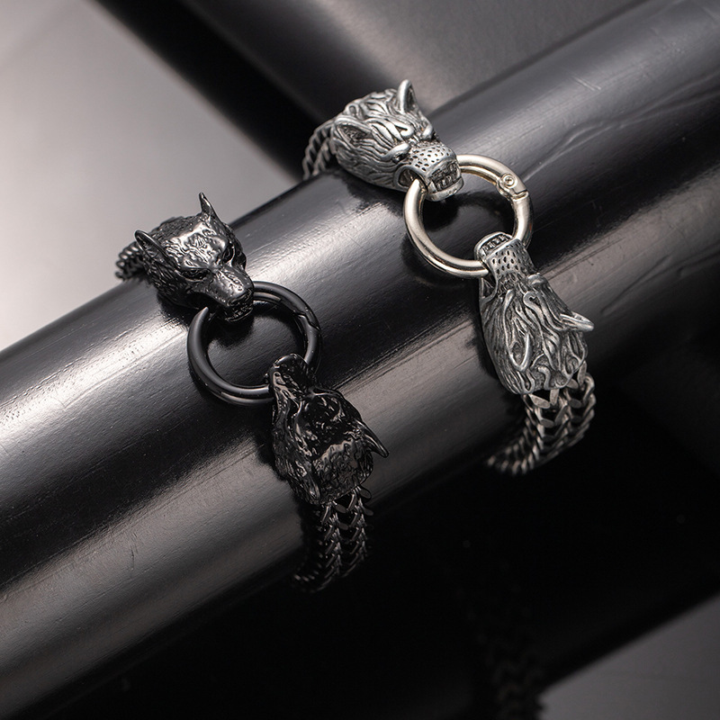 Cross-Border European and American Style Men's Fashion Stainless Steel Bracelet Titanium Steel Hip-Hop Style Hand Wolf Head Bracelet Personalized Trendy Cool Hand Jewelry