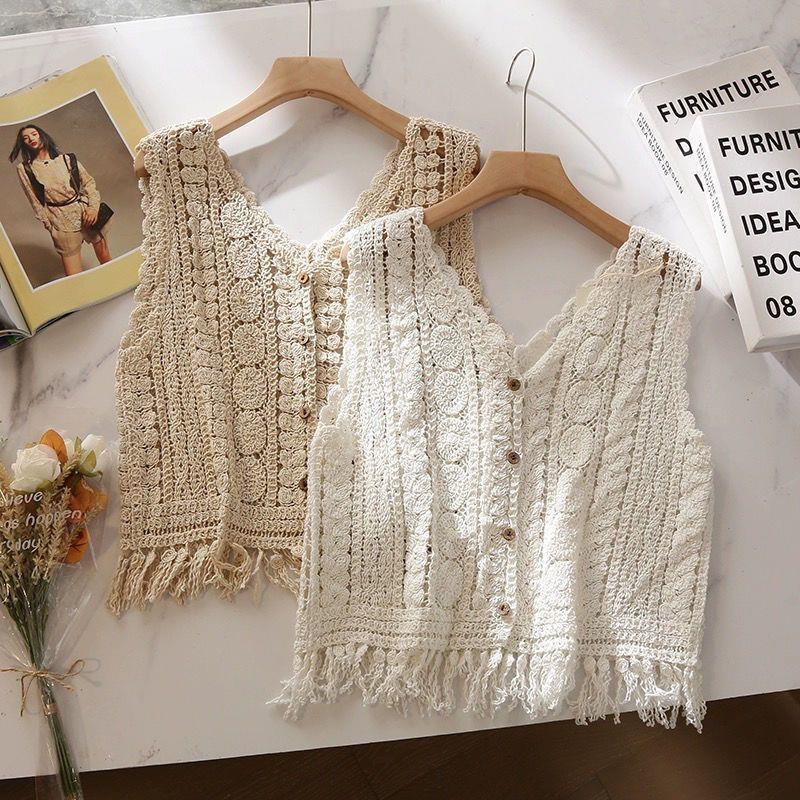 Diseño de nicho francés hueco gancho chaleco de punto chaleco de vestir suelto con bordas sin mangas chaqueta