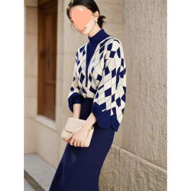 2025复古简约菱格子撞色毛线针织杉女春秋季宽松外穿小香风针织