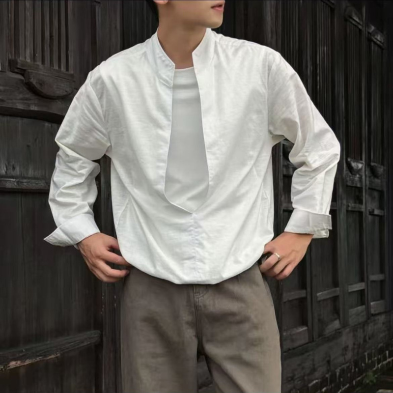 高品质男士休闲百搭宽松纯色舒适老钱风格复古小众简约潮流衬衫|undefined