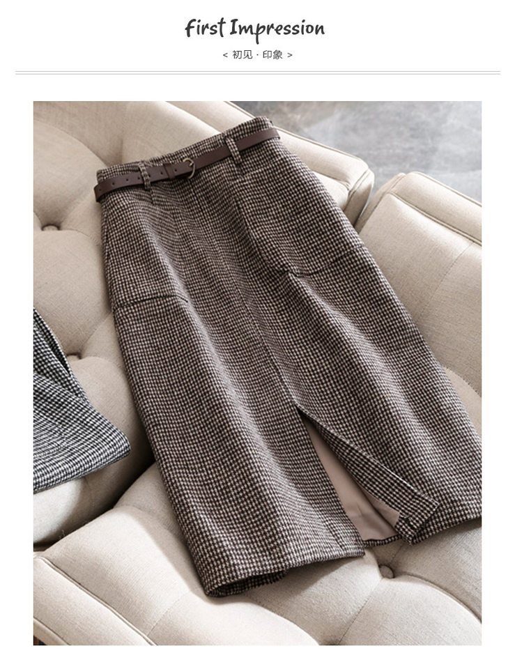 Chân váy nữ ca rô houndstooth cạp cao xẻ tà dáng ôm tôn dáng — Ca rô, Màu xám chi tiết 1