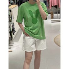 现货 江南系绿色卡通短袖T恤女夏季新款棉质圆领宽松打底上衣