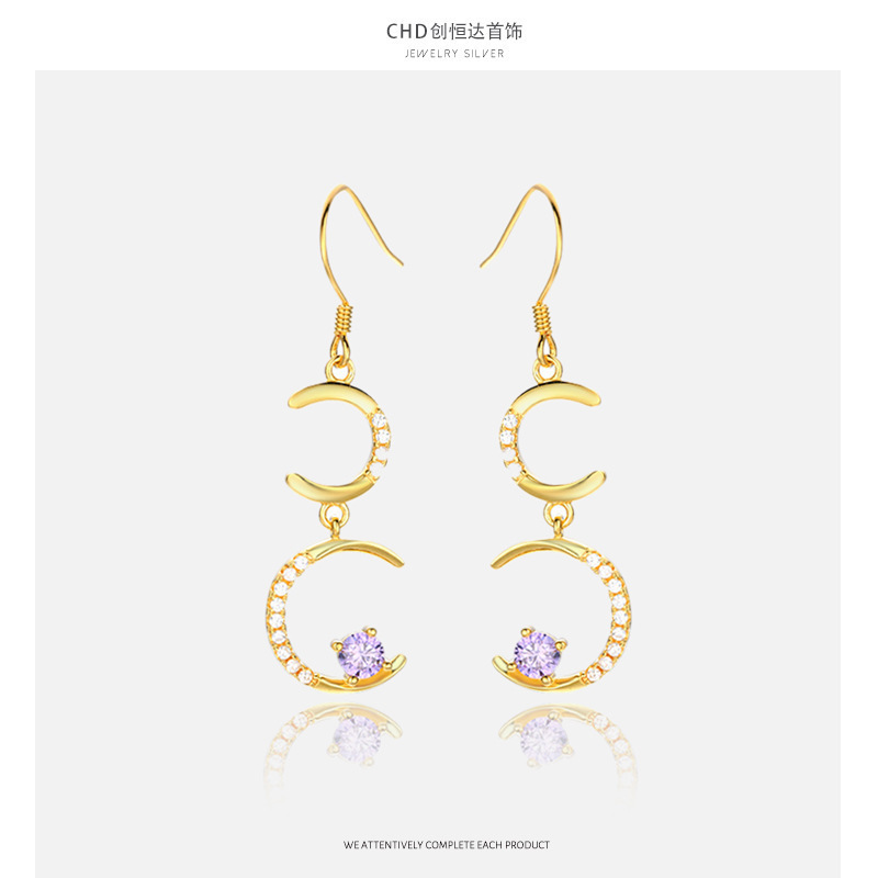 S925 pendientes de luna de plata esterlina para mujeres Europa y los Estados Unidos largos pendientes de diamantes de oro chapados en k ganchos de orejas temperamento simple pendientes al por mayor