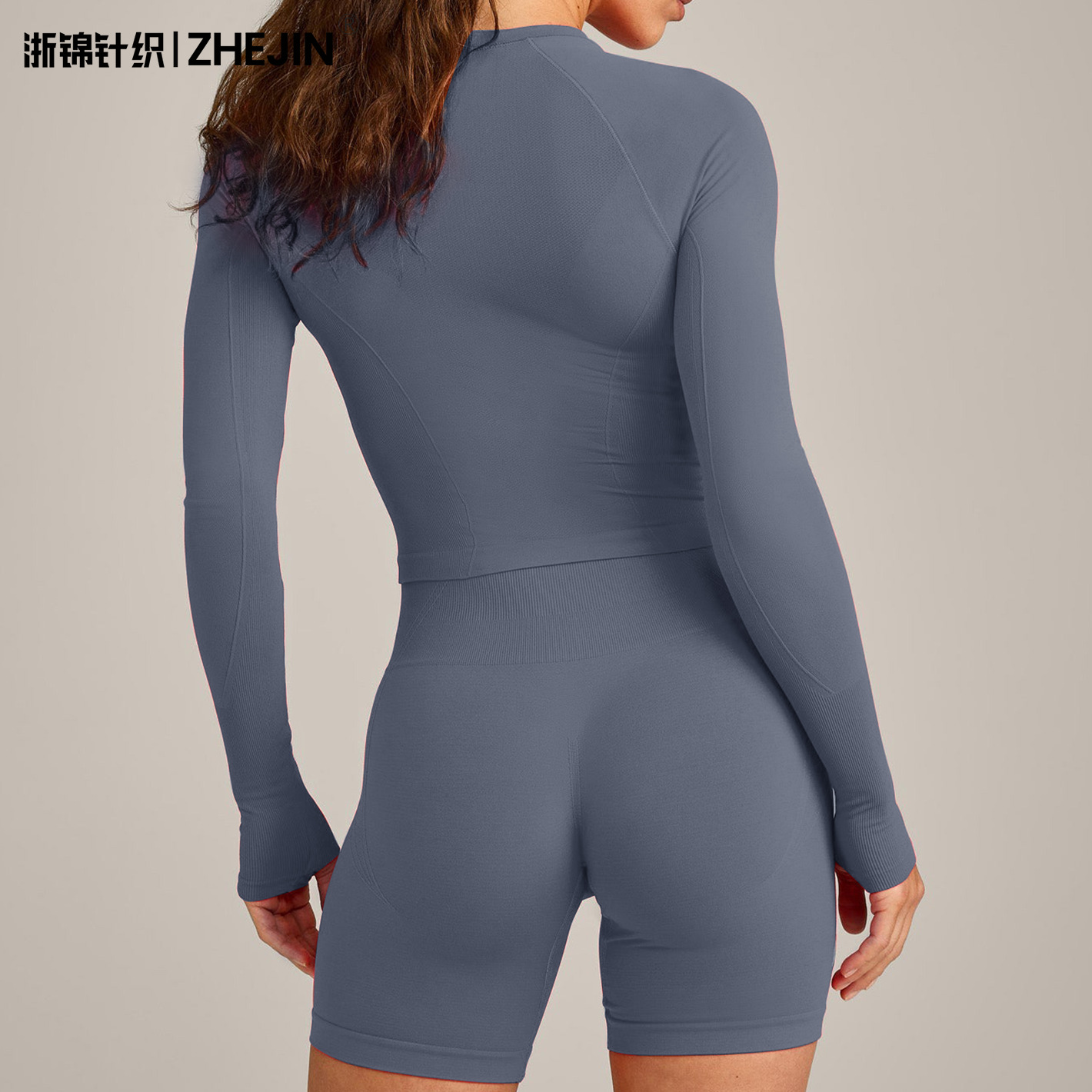 Transfronterizo de color sólido europeo y americano manga larga piel transpirable pantalones cortos deportivos de secado rápido adelgazamiento y adelgazamiento al aire libre conjunto de yoga