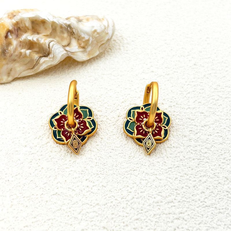 2024 New Chinese Earrings National Fashion Earrings Matte Gold Multi-layer Removable Painted Oil Drop Earrings