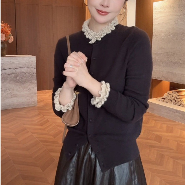 撞色花边圆领毛衣针织开衫女2025秋冬新款慵懒宽松显瘦百搭上衣女|undefined